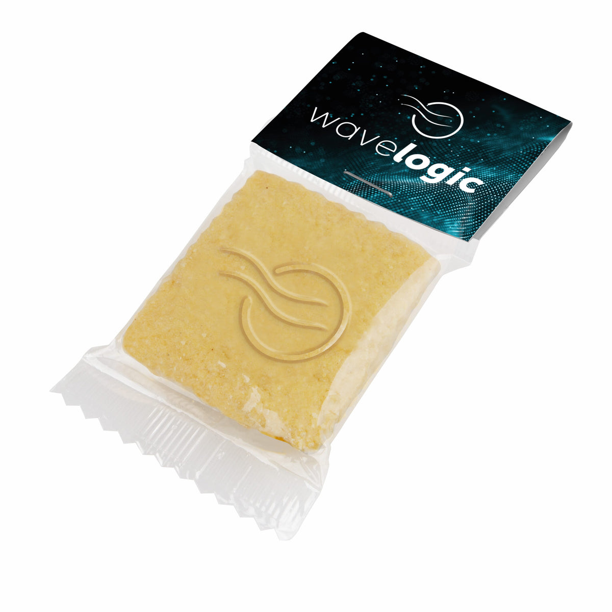 Rond vanillekoekje met logo in reliëf in transparant zakje met bedrukt kopkaartje: Rechthoekig - Vanille