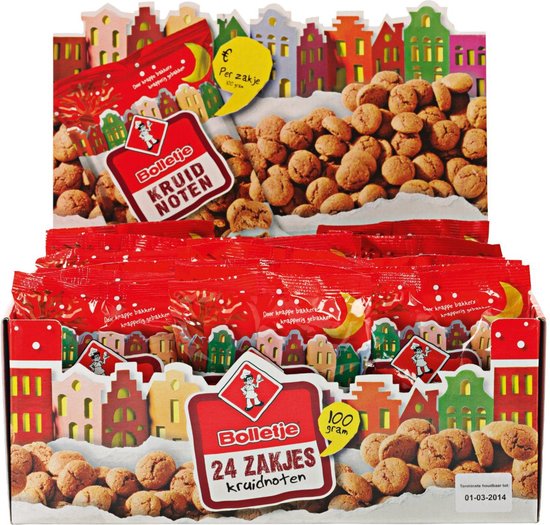 Bolletje Kruidnoten Uitdeelzakjes 100 gram doos met 24 uitdeelzakjes kruidnoten voor Sinterklaasfeest en bedrijfsborrel