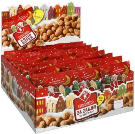 Bolletje Kruidnoten Uitdeelzakjes 100 gram - displaydoos met 24 zakjes kruidnoten voor Sinterklaasborrel en bedrijfsfeest