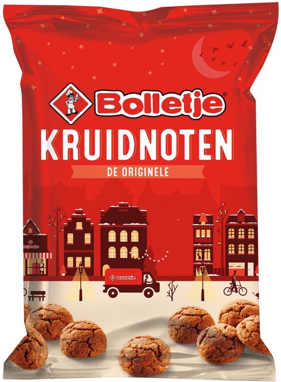Alt Tag: Bolletje Kruidnoten Uitdeelzakjes 100 gram verpakking Bolletje Kruidnoten De Originele, rode zak met kruidnoten