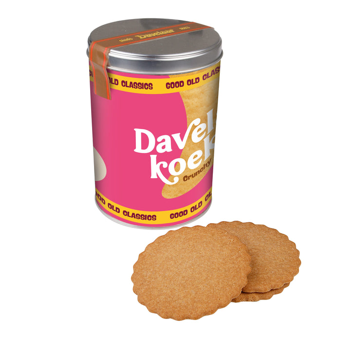 Hoog rond blik met Davelaar koeken en een full colour bedrukte wikkel met logo