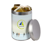 Hoog rond blik met koffiekoekjes en een full colour bedrukte wikkel met logo