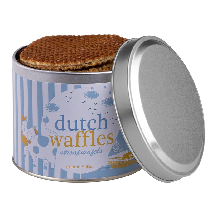 Zilverkleurig blik met roomboter stroopwafels en een full colour bedrukte wikkel met logo