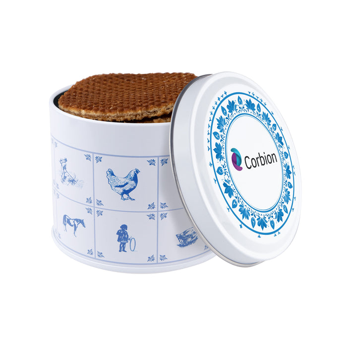 Delfts blauw blik met roomboter stroopwafels en een full colour bedrukt deksel met logo