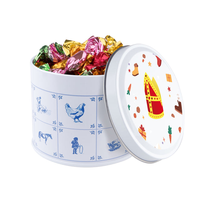 Delfts blauw blik gevuld met snoep en een full colour bedrukt deksel met logo: Metallic sweets