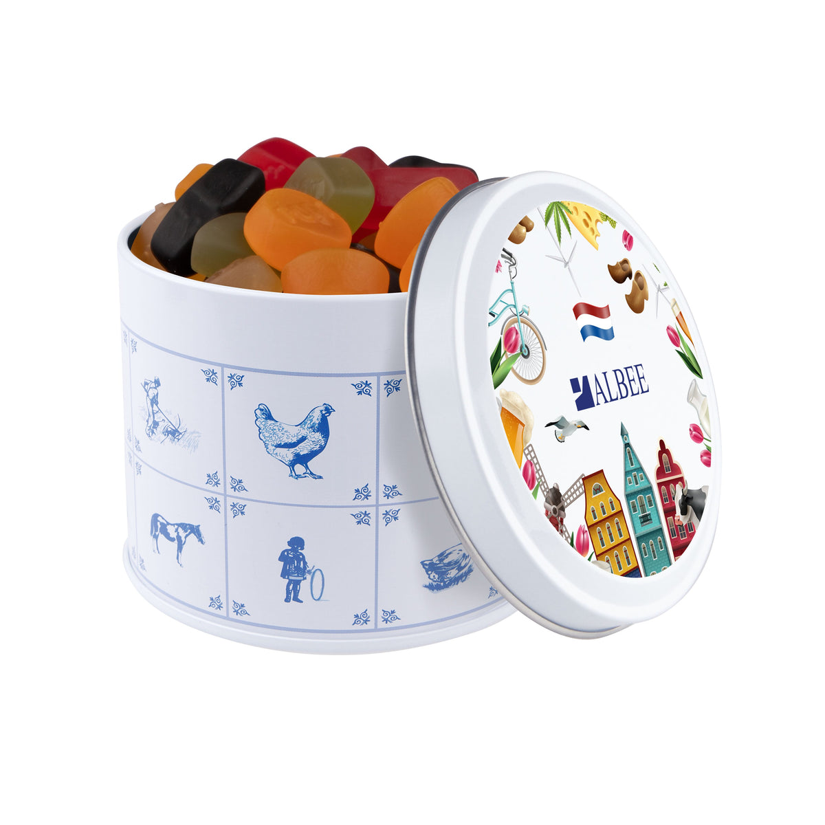 Delfts blauw blik gevuld met snoep en een full colour bedrukt deksel met logo: Winegums