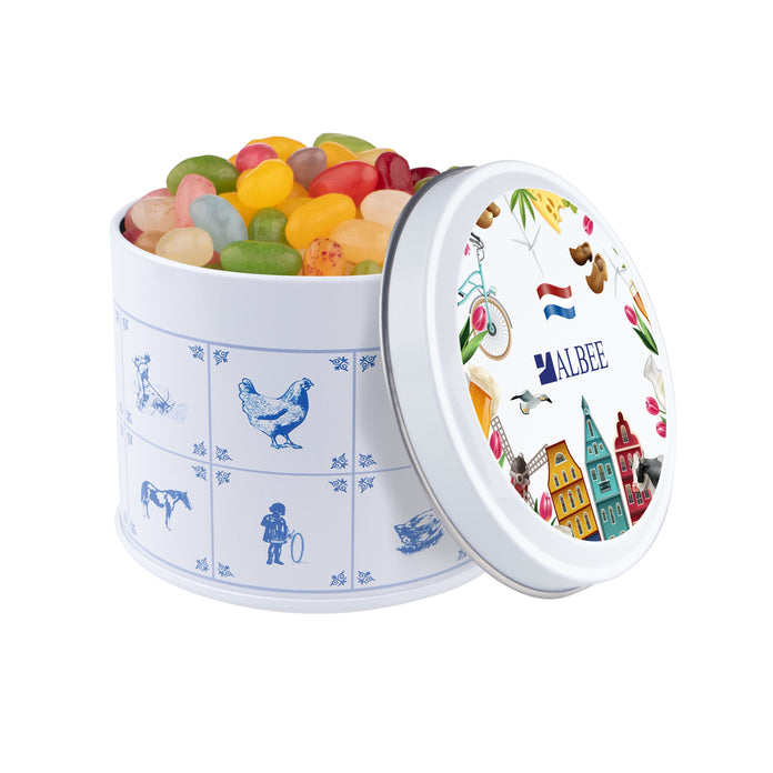 Delfts blauw blik gevuld met snoep en een full colour bedrukt deksel met logo: Jelly beans