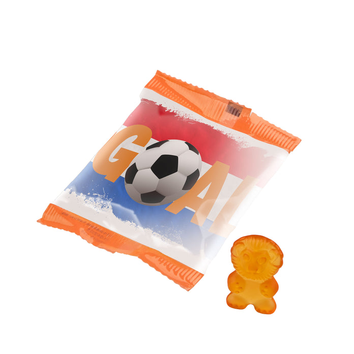Bedrukt zakje met oranje XXL leeuwen van vruchtengum en logo