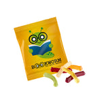 Bedrukt zakje van witte folie met circa 30 gram vruchtengummies specials