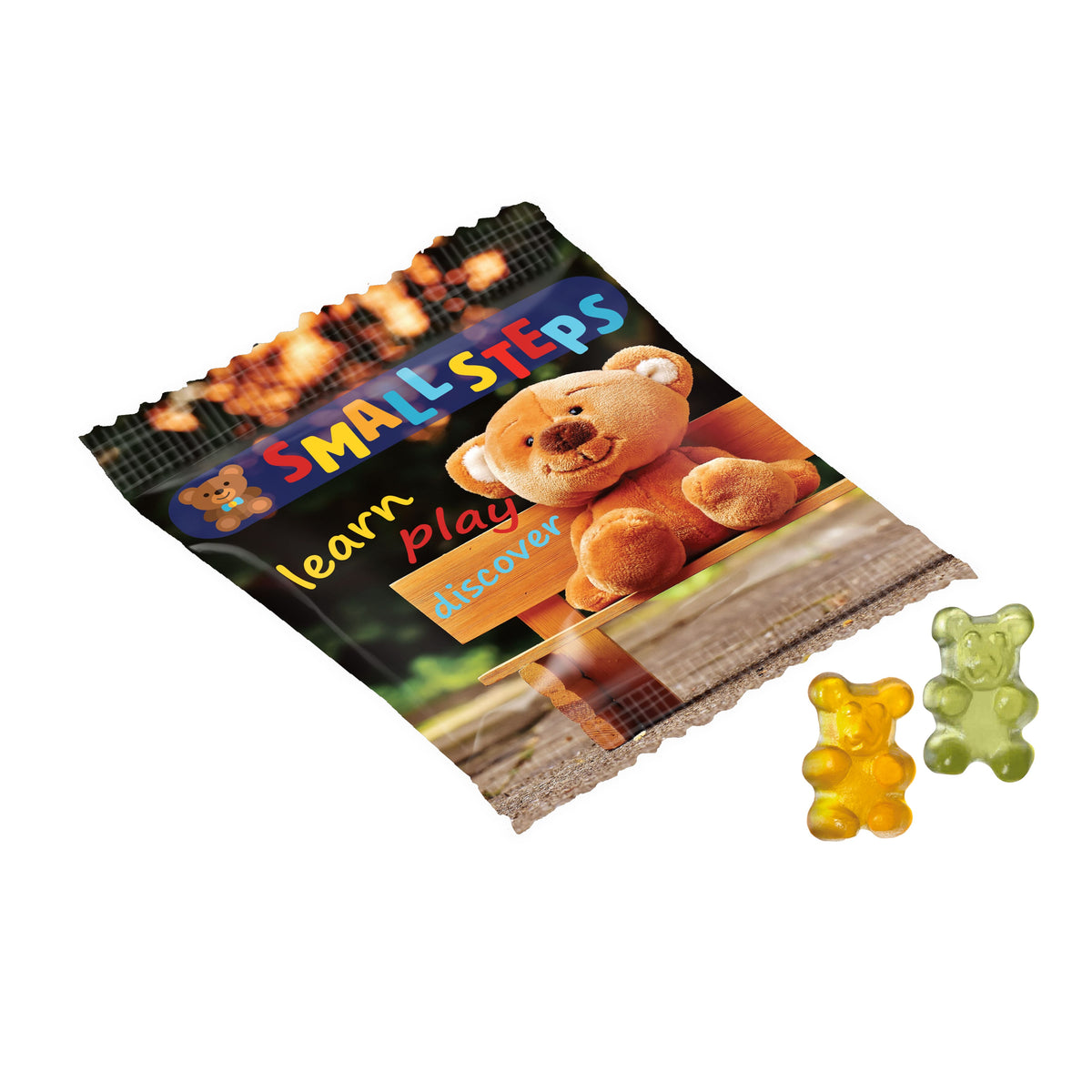 Full colour bedrukt zakje met vruchtengummies in een standaardvorm, zoals beertjes