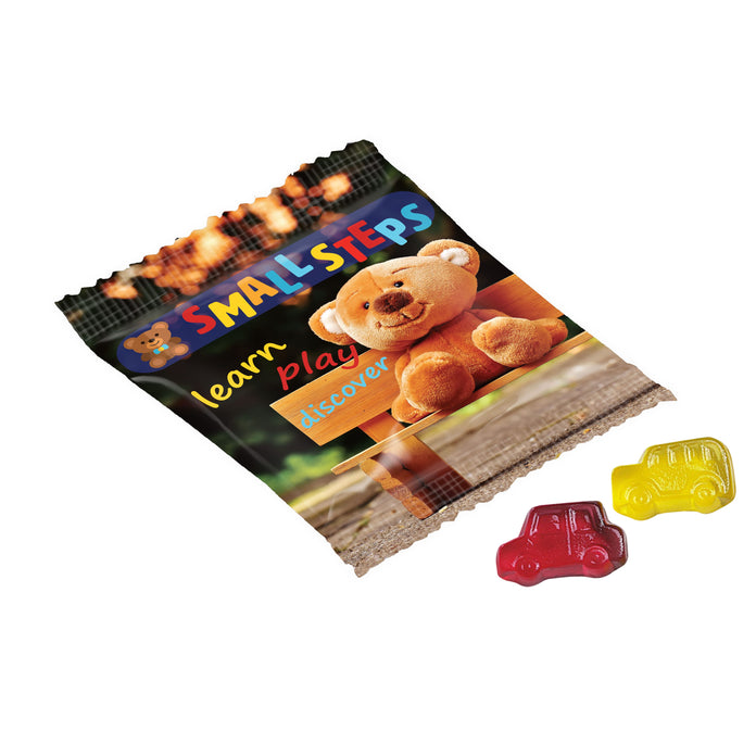 Full colour bedrukt zakje met vruchtengummies in een standaardvorm, zoals beertjes: Oldtimer