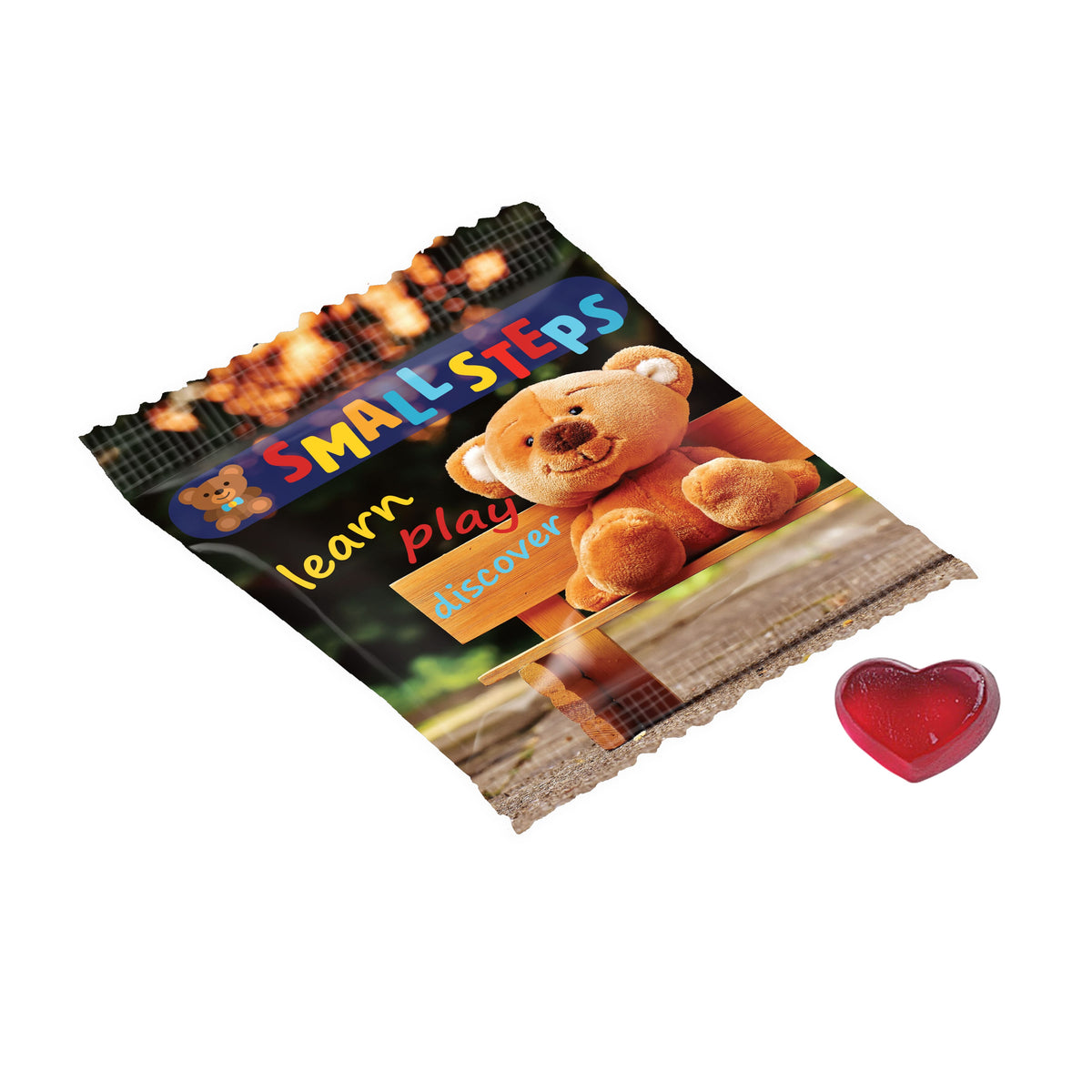 Full colour bedrukt zakje met vruchtengummies in een standaardvorm, zoals beertjes: Hartje
