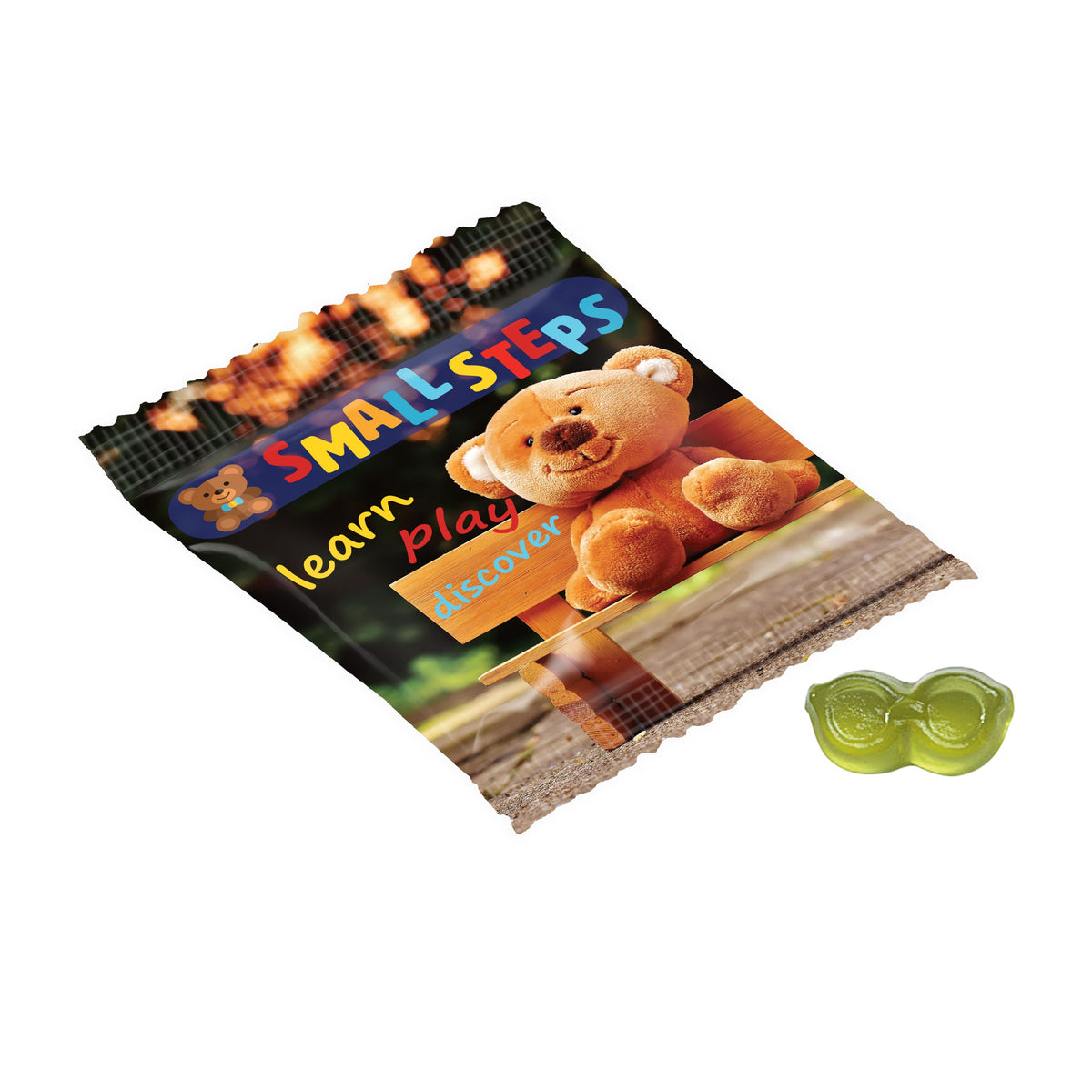 Full colour bedrukt zakje met vruchtengummies in een standaardvorm, zoals beertjes: Bril