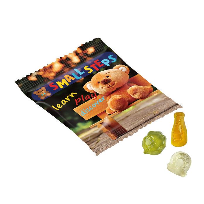 Full colour bedrukt zakje met vruchtengummies in een standaardvorm, zoals beertjes: Oud&nieuw