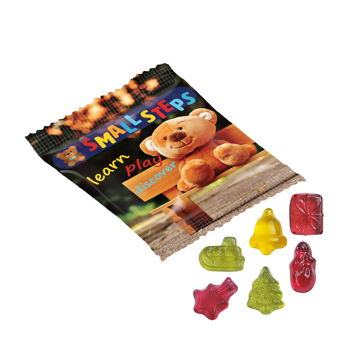 Full colour bedrukt zakje met vruchtengummies in een standaardvorm, zoals beertjes: Kerst