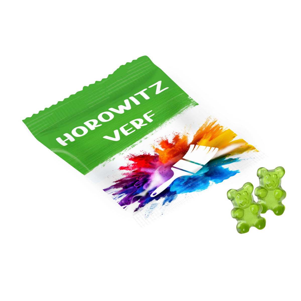 Full colour bedrukt zakje van witte folie met gummiebeertjes in 1 kleur: Passievrucht
