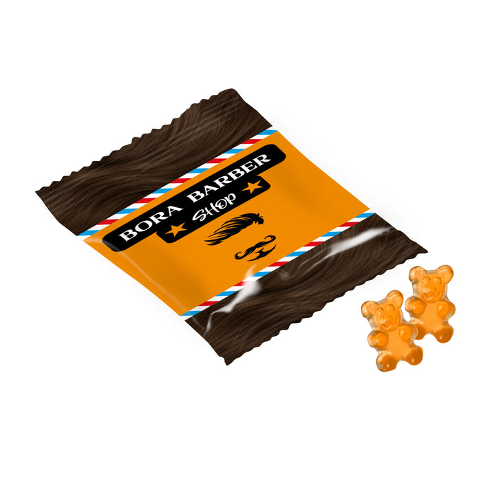 Full colour bedrukt zakje van witte folie met gummiebeertjes in 1 kleur: Sinaasappel