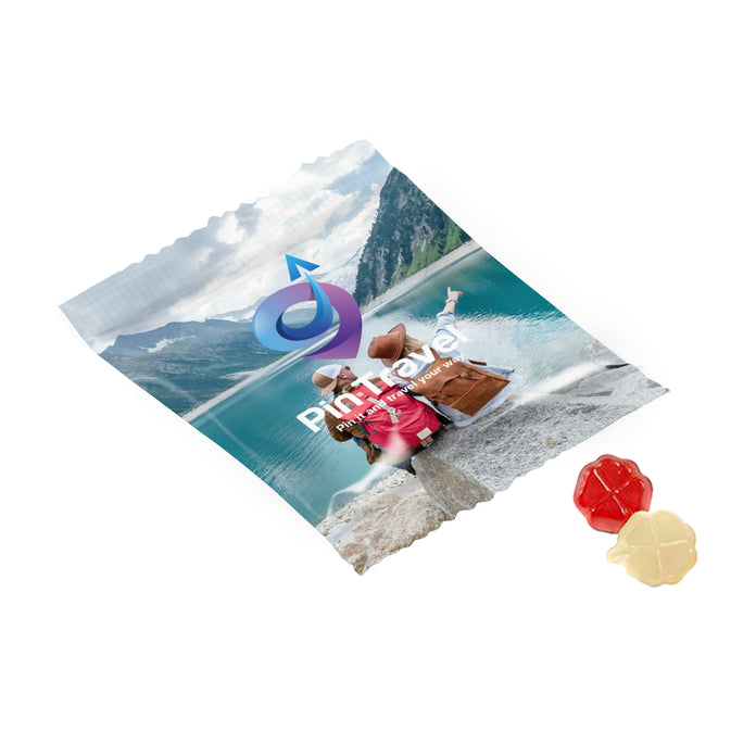 Full colour bedrukt zakje van witte folie met vegan vruchtengummies