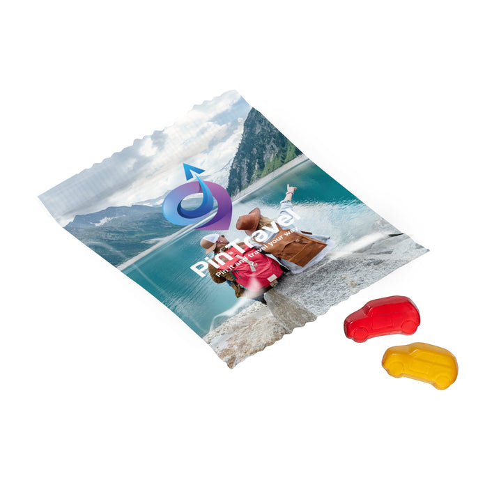 Full colour bedrukt zakje van witte folie met vegan vruchtengummies: Vegan Auto