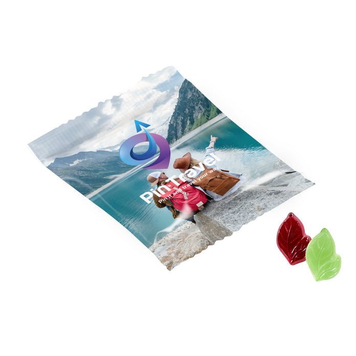 Full colour bedrukt zakje van witte folie met vegan vruchtengummies: Vegan Blaadje