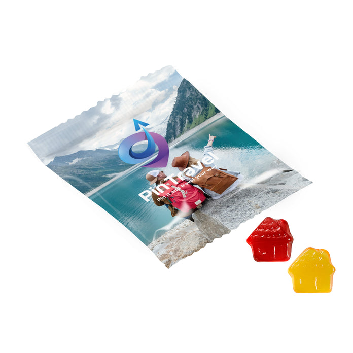 Full colour bedrukt zakje van witte folie met vegan vruchtengummies: Vegan Huis