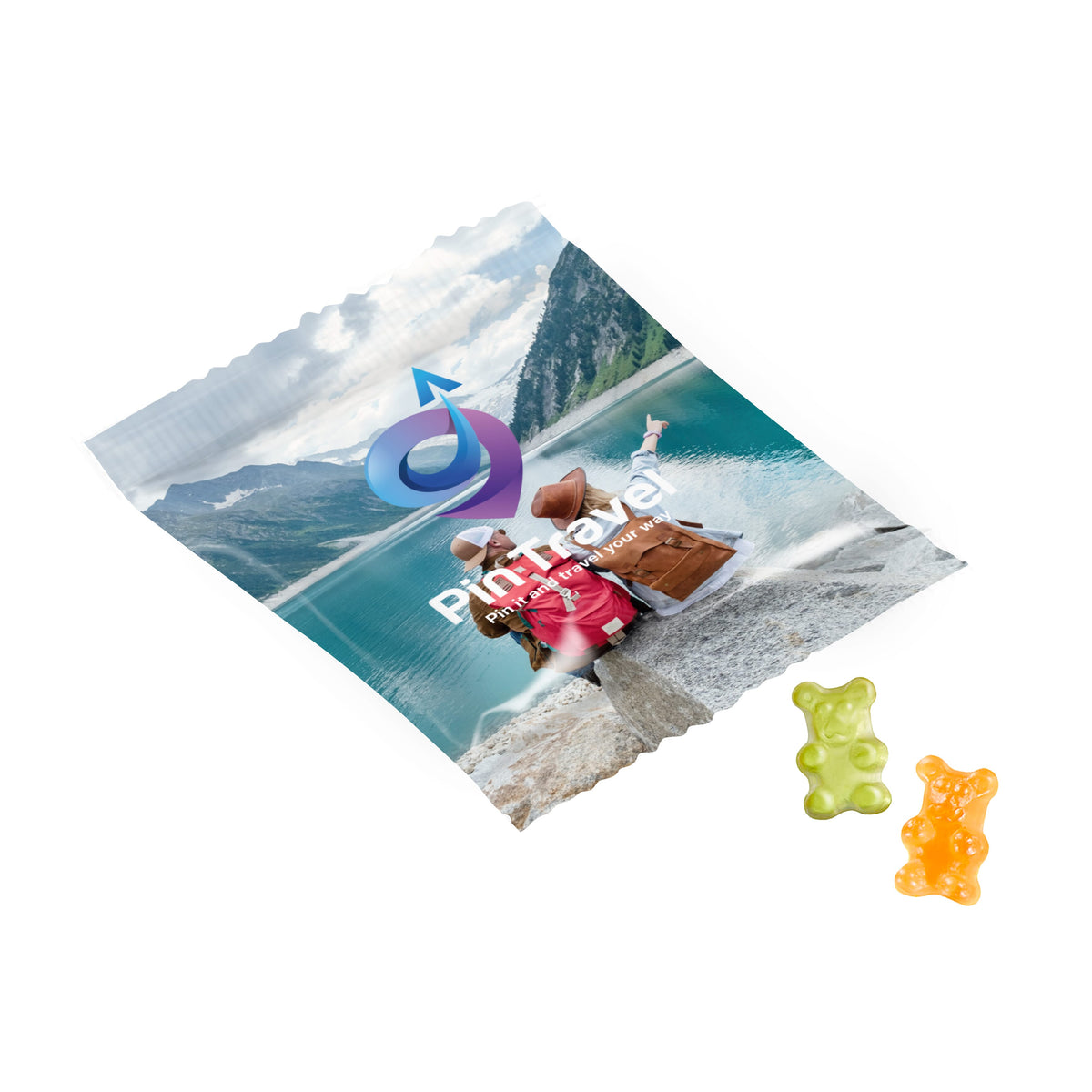 Full colour bedrukt zakje van witte folie met vegan vruchtengummies: Vegan Beertje
