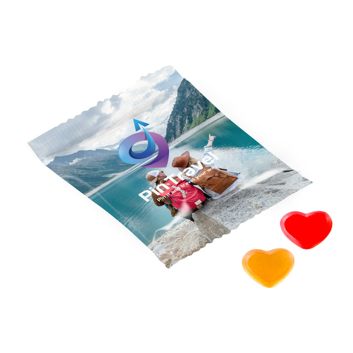 Full colour bedrukt zakje van witte folie met vegan vruchtengummies: Vegan Hartje