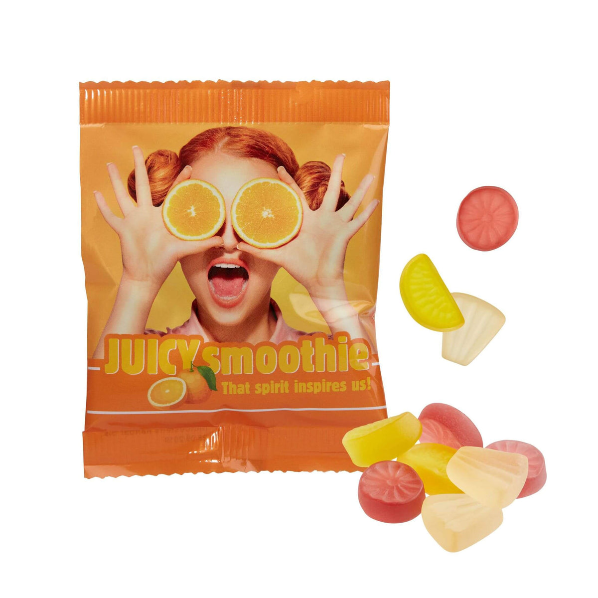 Wit foliezakje met vegan vruchtengummies en full colour bedrukking op de voorzijde