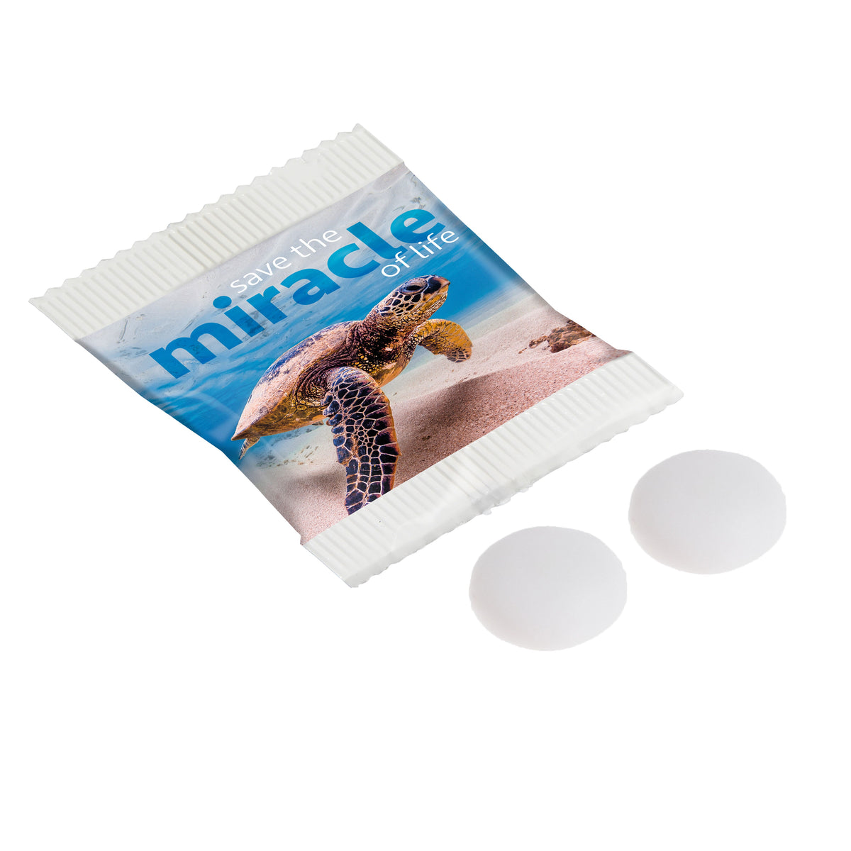 Wit papieren zakje met twee Mentos en full colour bedrukking