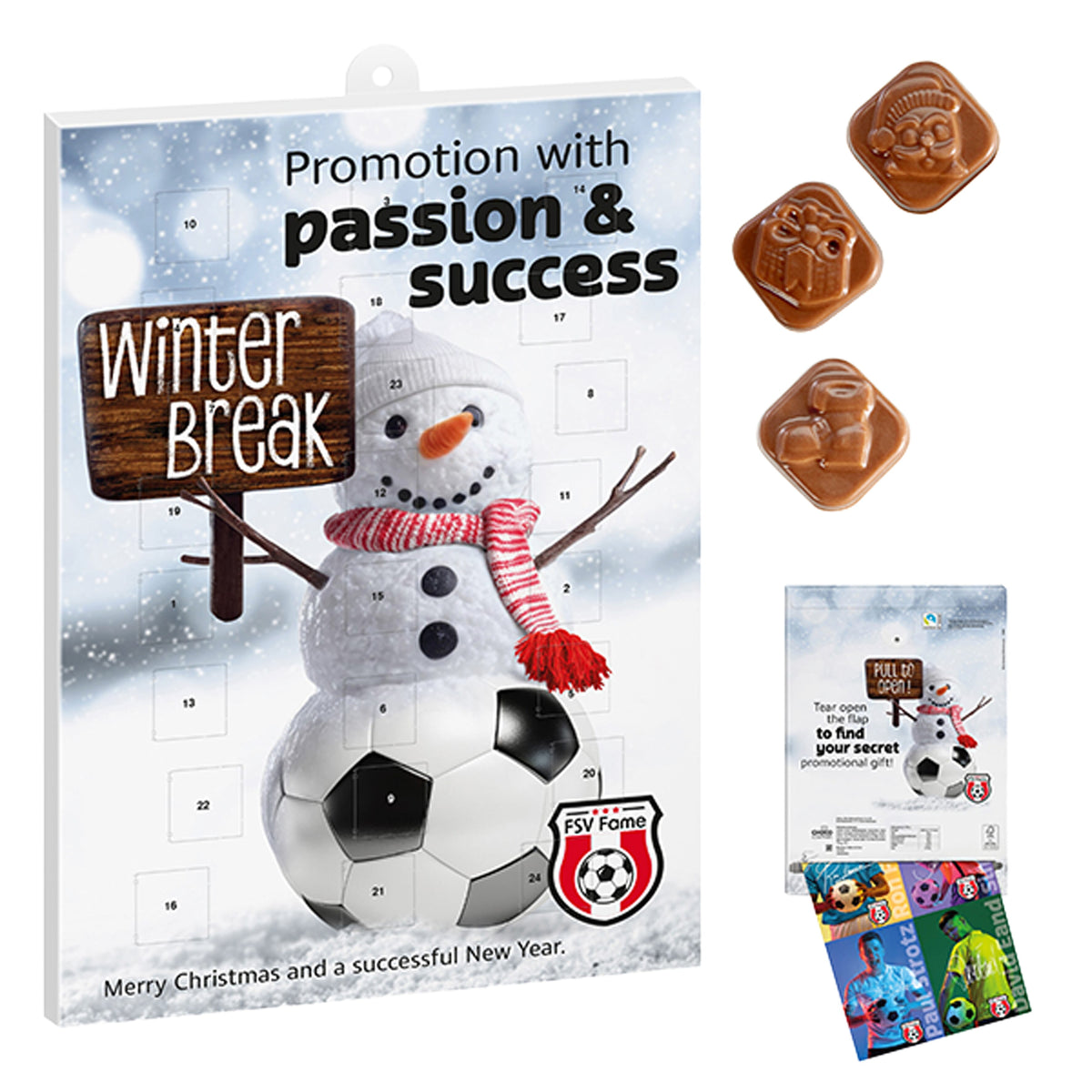 Wand-adventskalender in A4-formaat met melkchocolade en uitneembare promotie-inleg