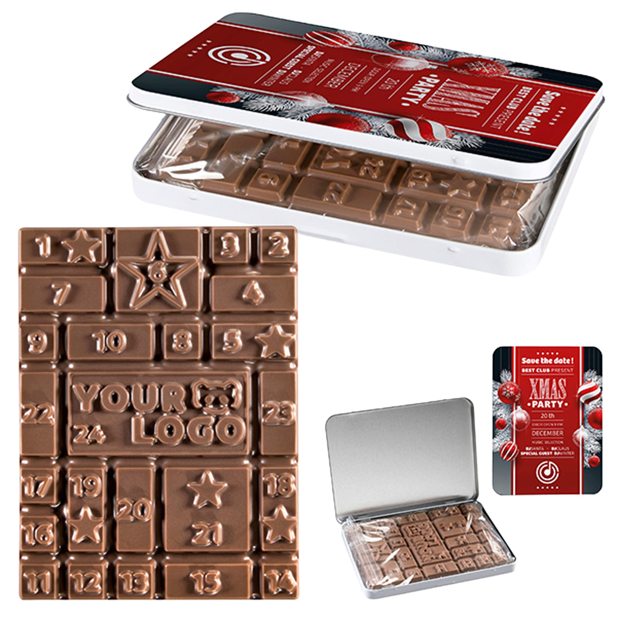 Mini scharnierblikje met chocoladeplak in 24 afbreekbare stukjes als adventskalender