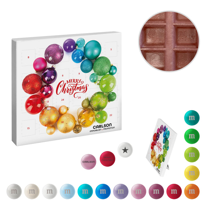 Mini papieren adventskalender met full colour bedrukking, gevuld met M&M's