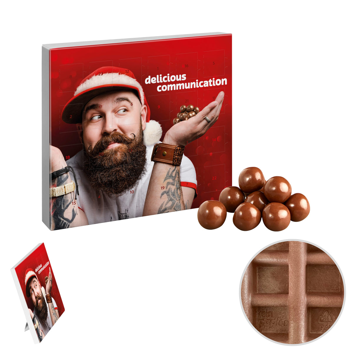 Mini papieren adventskalender met full colour bedrukking, gevuld met M&M's: Krokante chocolade balletjes