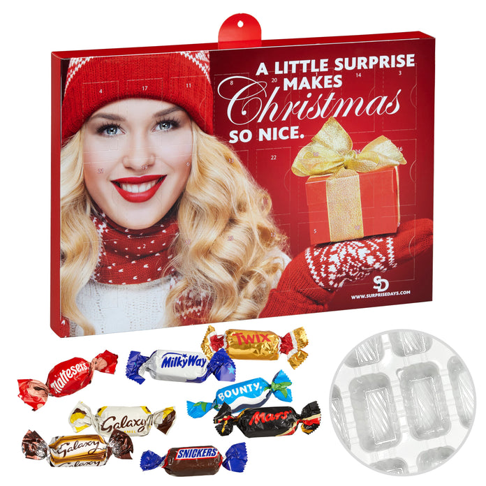 Premium adventskalender met all-over full colour bedrukking, gevuld met merkchocolade