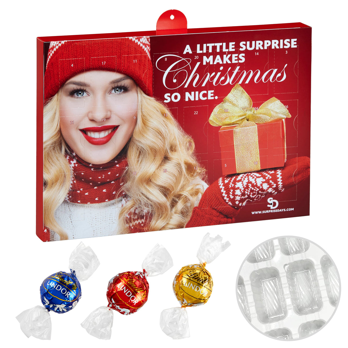 Premium adventskalender met all-over full colour bedrukking, gevuld met merkchocolade: Lindt Kogels