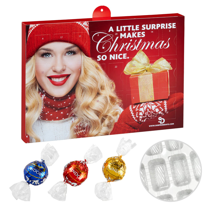Premium adventskalender met all-over full colour bedrukking, gevuld met merkchocolade: Lindt Kogels