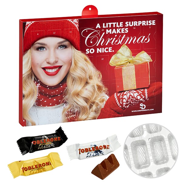Premium adventskalender met all-over full colour bedrukking, gevuld met merkchocolade: Toblerone