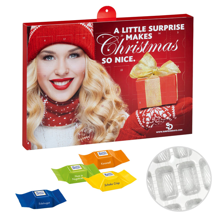 Premium adventskalender met all-over full colour bedrukking, gevuld met merkchocolade: Ritter Sport