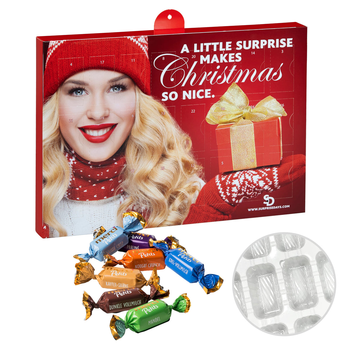 Premium adventskalender met all-over full colour bedrukking, gevuld met merkchocolade: Merci Petits