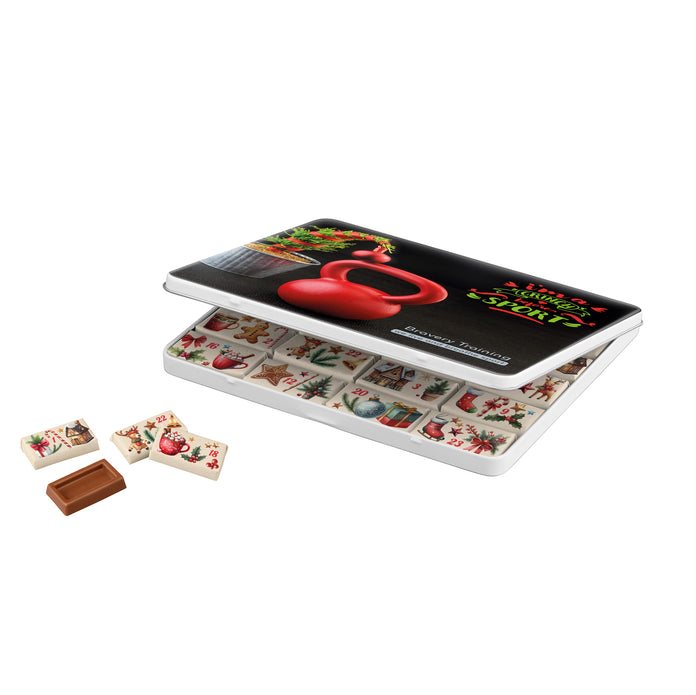 Decoratief blik als adventskalender met 24 verpakte chocolaatjes en bedrukt deksel