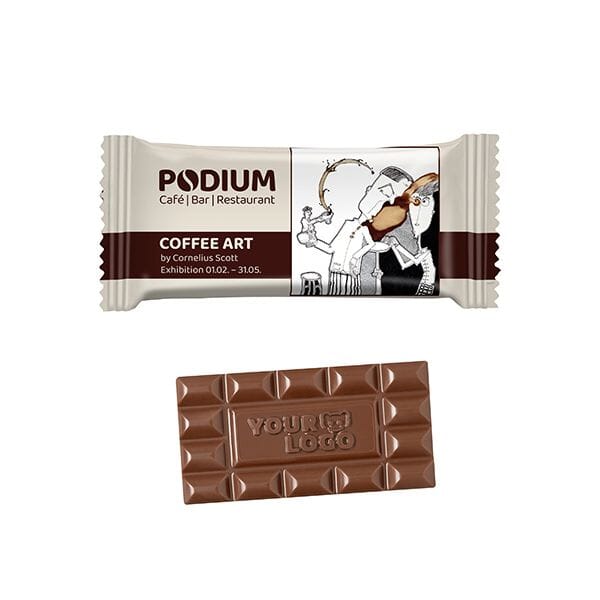 Midi chocoladereepje met logo van 25 gram in witte en transparante flowpack