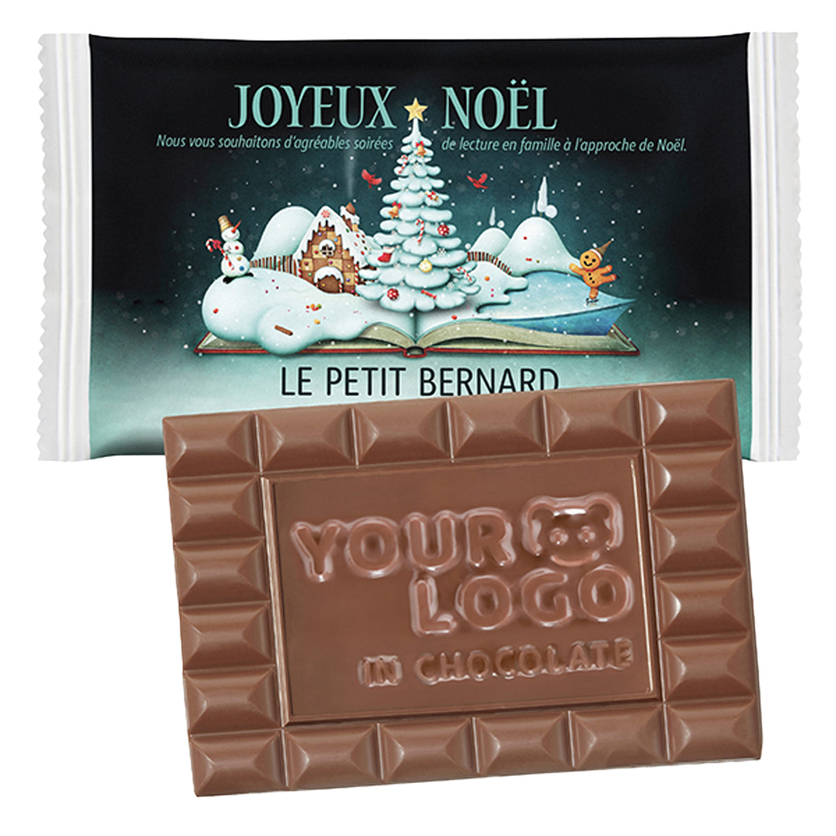 XL chocoladereep met logo van 60 gram in witte papieren flowpack