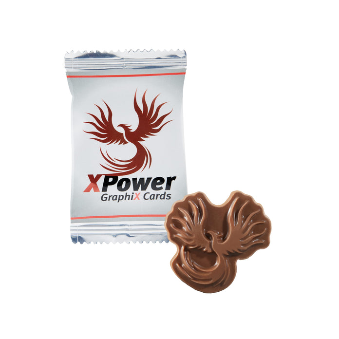 Melkchocolade in eigen vorm in wit zakje met full colour bedrukking