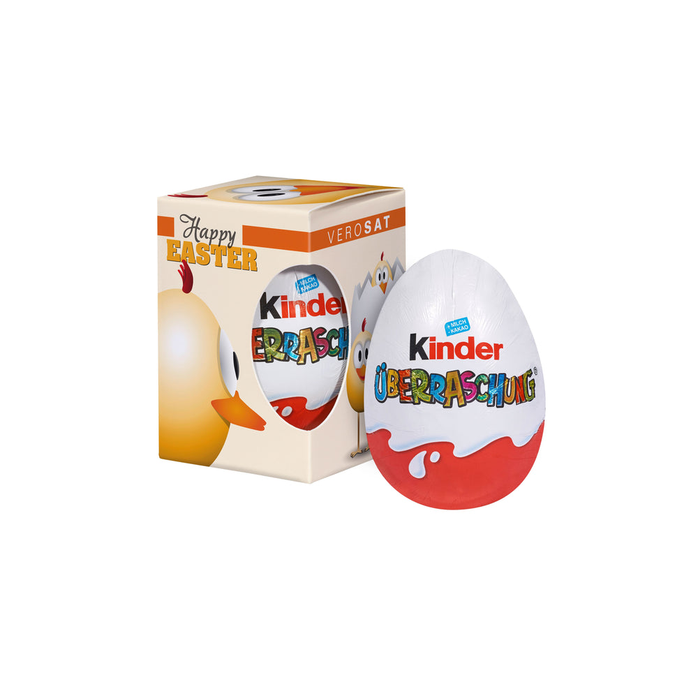 Kinder verrassingsei naast een full colour bedrukt doosje met Happy Easter