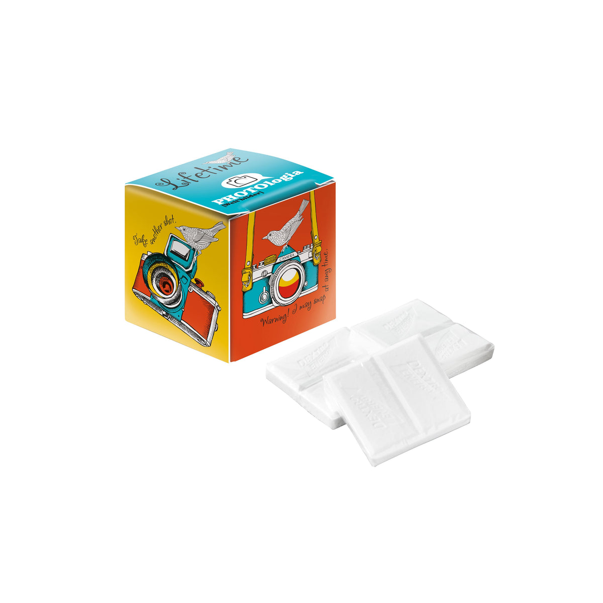 Wit papieren doosje met vijf Dextro Energy tabletten en full colour bedrukking