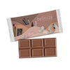 Chocolade tablet van 25 gram in wit papieren flowpack met full colour bedrukking