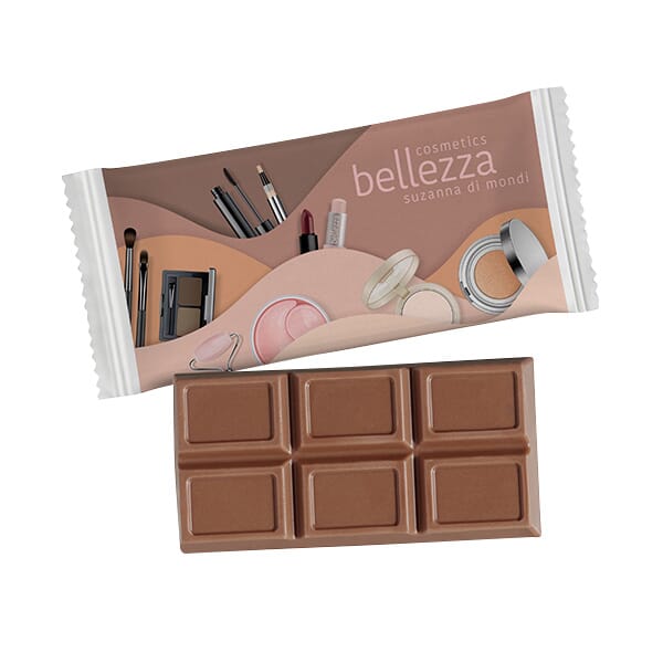 Chocolade tablet van 25 gram in wit papieren flowpack met full colour bedrukking