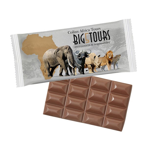 Chocolade tablet 40 gram in bedrukte papieren flowpack met logo