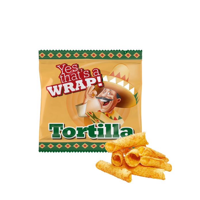 Mini zakje van witte folie met tortilla rolletjes en all-over full colour bedrukking
