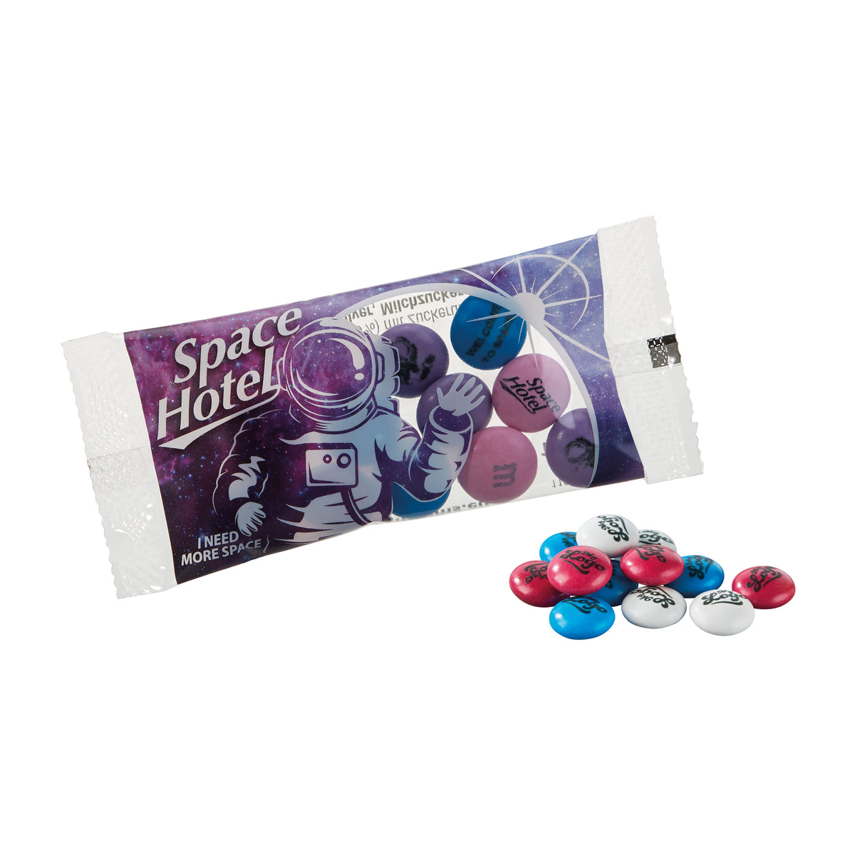 Wit foliezakje van 10 gram met gepersonaliseerde M&M's en bedrukte voorzijde